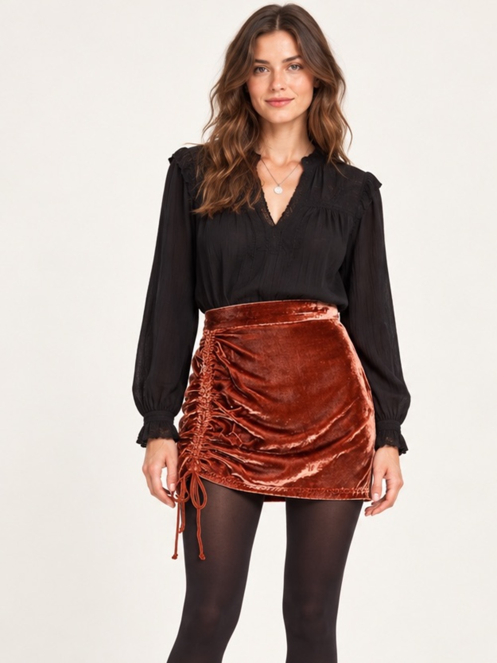 Free People Ruched Cognac Brown Velvet Y2K Fall Autumn Mini Skirt Size 8